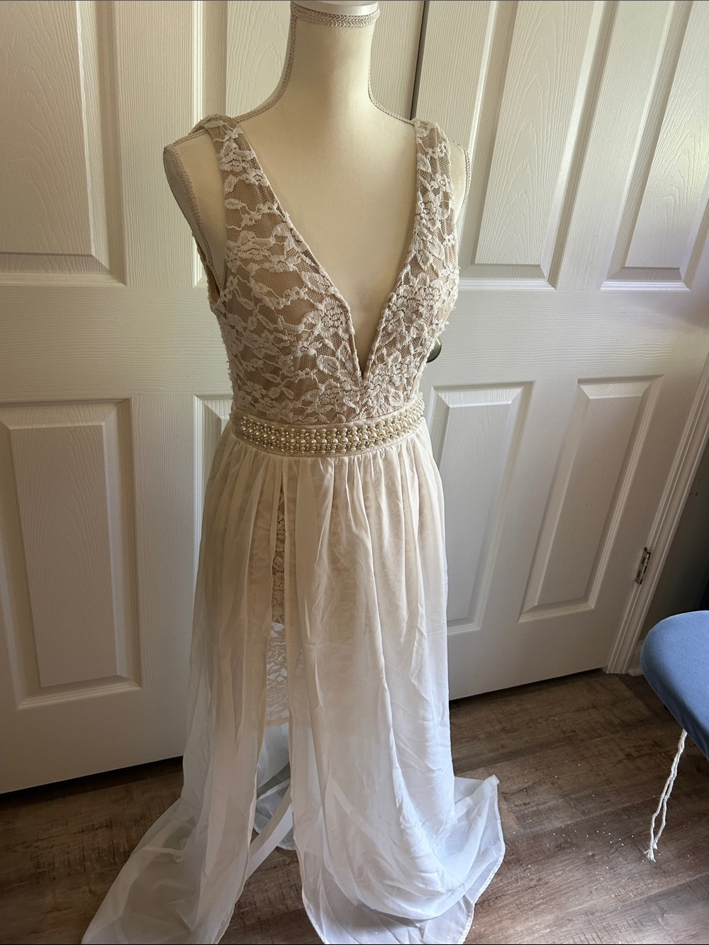 Crystal Doll Ivory Lace & Chiffon V-Neck Wedding Dress